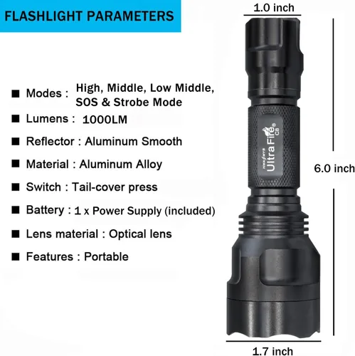 Vista 3 de ULTRAFIRE Linterna LED C8 de 1000 lúmenes altos, mini linterna de mano de 5 modos, impermeable IPX6, con cargador y UFB18, para emergencias