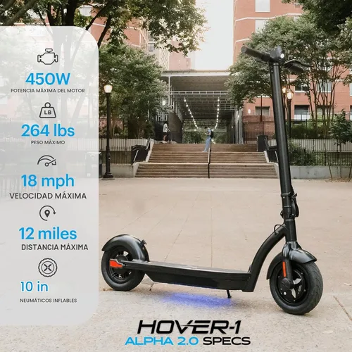 Vista 2 de Hover-1 Alpha 2.0 Foldable Electric Scooter with 450W Brushless Motor, 18 mph Max Speed, 10” Air-Filled Tires and 12 Mile Range Negro