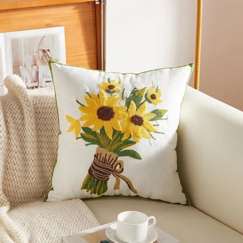 Vista 8 de Fundas de almohada bordadas, 4 girasoles de 18 x 18 pulgadas, diseño floral, 100% algodón, decoración del hogar, flores amarillas, 17.7 x 17.7 in, 1