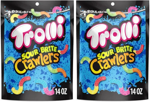 Vista 11 de Trolli Sour Brite Crawlers, dulces, cereza-limón, fresa-uva y naranja-lima, dulce y agrio, gusanos de goma, 14 oz
