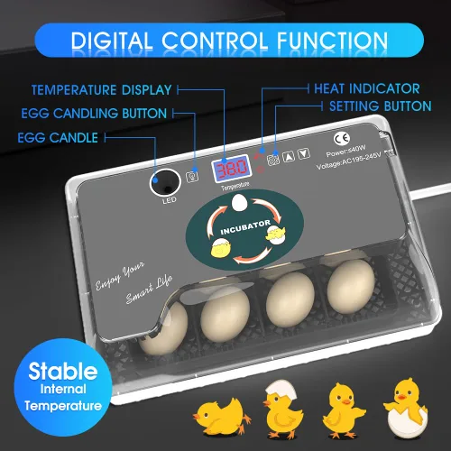 Vista 2 de 12 Incubadoras Automáticas de Huevos para Incubar Huevos con Control Inteligente de Temperatura, Volteador Automático, Ovoscopía LED para Huevos