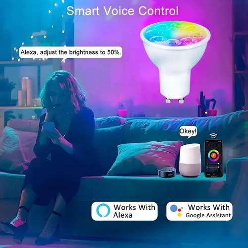 Vista 8 de Bombillas LED inteligentes GU10 regulables con cambio de color, foco GU10 RGB, foco LED WiFi y Bluetooth compatible con Alexa Google, 16 millones