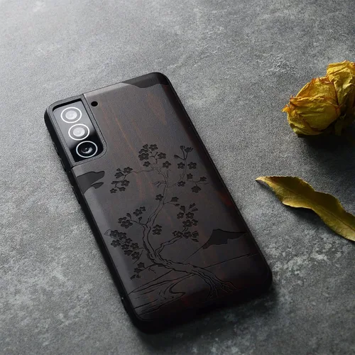 Vista 4 de Carveit Funda de madera para Galaxy S22 2022 [madera natural y TPU suave negro] a prueba de golpes, funda protectora de madera compatible