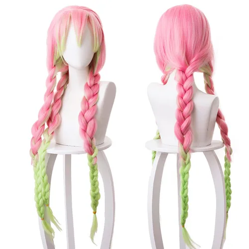 Vista 7 de maysuwell Kanroji Mitsuri - Peluca de anime Demon Slayer para mujer, pelucas de cosplay rosa y verde trenzado para Halloween, carnaval, fiesta