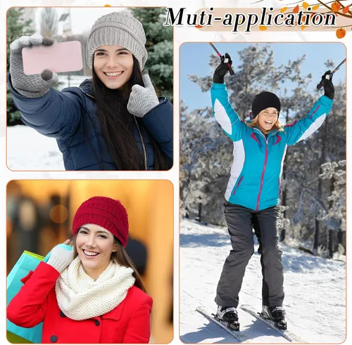 Vista 6 de 4 Conjuntos de invierno para mujer, cálido, gorro, bufanda, gorro, gorro, calavera, pantalla táctil, guantes de punto, cable