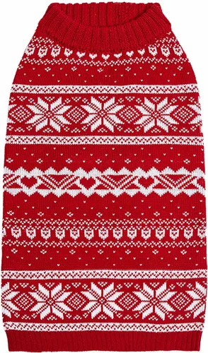 Vista 12 de Blueberry Pet Let It Snow Suéter Clásico Feo de Navidad con Capucha y Diseño de Copos de Nieve para Perro en Rojo y Blanco, Longitud de Espalda 12