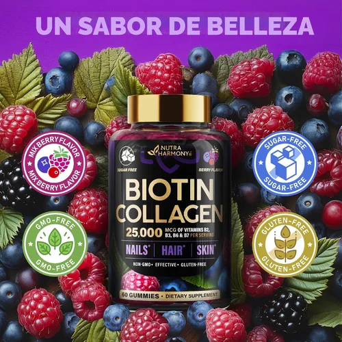 Vista 6 de Gomitas de biotina con colágeno - Soporte para el crecimiento del cabello, fortaleza de la piel y las uñas - para mujeres y hombres - Biotina 10 000