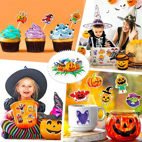 Vista 3 de 200 calcomanías de Halloween para niños y adultos, paquete de calcomanías de vinilo de calabaza para botellas de agua, regalos de fiesta de Halloween