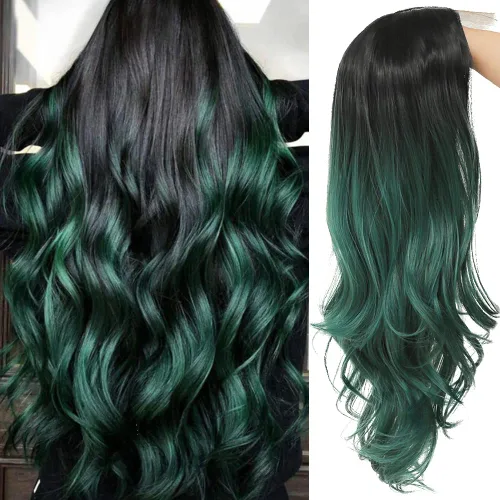 Vista 7 de Tseses Pelucas largas y onduladas de color azul degradado para mujer, pelucas de cabello sintético con raíces oscuras, cosplay, fiesta de Halloween