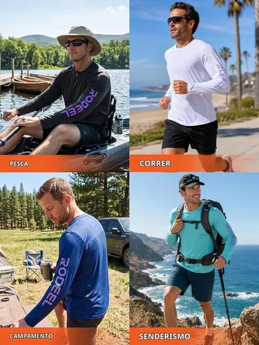 Vista 8 de Rodeel Camisas de pesca para hombre de manga larga que absorbe la tela UPF 50 protección solar camisa de rendimiento a. Negro