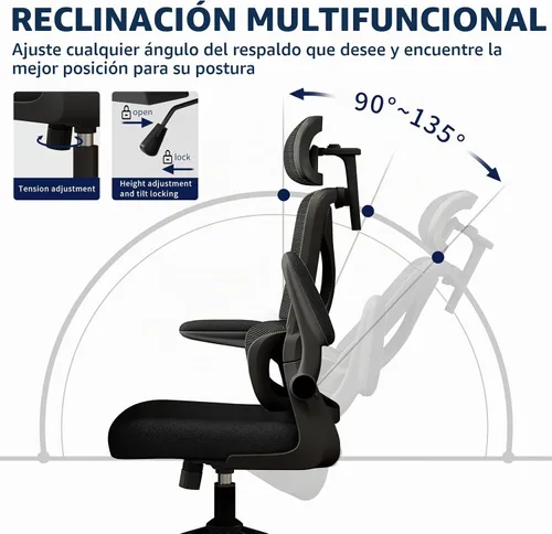 Vista 5 de Silla ergonómica de oficina – Silla de escritorio con reposacabezas ajustable soporte lumbar silla de computadora – Silla cómoda de malla