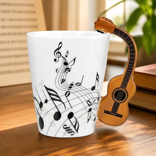 Vista 6 de Taza de guitarra acústica de 13.5 onzas, taza de té y café para guitarristas Mango de guitarra acústica 3D, diseño de personal de música, uso