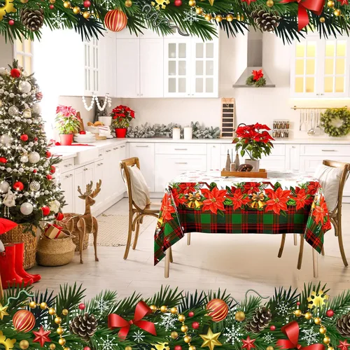 Vista 7 de Peryiter 2 piezas de mantel de plástico de Navidad alegre, 54 x 108 pulgadas, rojo de invierno, flor, loro, desechable, para decoración de fiesta