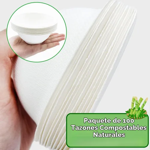 Vista 3 de Haawooky Paquete de 100 cuencos de papel desechables blancos, 8 onzas, compostables naturales, cuencos biodegradables de papel ecológico