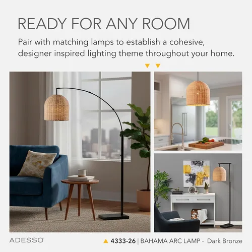 Vista 4 de Adesso Lámpara de pie de arco de bronce con pantalla de ratán – Moderna luz de acento costera para dormitorio, sala de estar u oficina en casa, 80