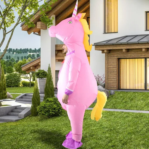 Vista 5 de Traje inflable de unicornio rosa para adultos, la mejor decoración para fiestas, reuniones, celebraciones de vacaciones, Halloween y otros