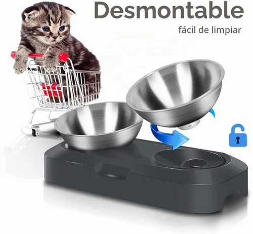 Vista 6 de Tazón de comida para gatos de acero inoxidable AYADA, diseño ergonómico de 15 ángulos, reduce el vómito Doble