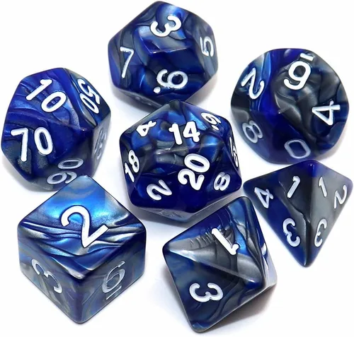Vista 7 de Juego de dados poliédricos DND con brillo para juegos de rol de mazmorras y dragones (D&D) RPG, dados verdes mezclados con nebulosa negra