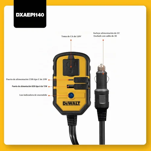Vista 2 de Inversor de corriente DeWalt DXAEPI140 de 140 W con dos puertos USB: de 12 V de CC a 120 V de CA 140 vatios de potencia doméstica, 25 W USB tipo