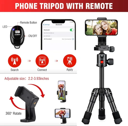 Vista 5 de JOILCAN Mini trípode para cámara, trípode de escritorio de aluminio de 21 pulgadas con cabeza de bola de 360°, trípodes de viaje portátiles