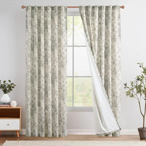 Vista 43 de Jinchan Cortinas de Mezcla de Lino con Estampado Floral para Sala de Estar, 84 Pulgadas de Largo, Cortinas con Bolsillo para Varilla y Tab Trasera