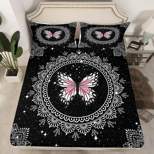 Vista 4 de Feelyou Juego de sábanas de mariposa tamaño individual para niños y niñas, diseño de mandala bohemio