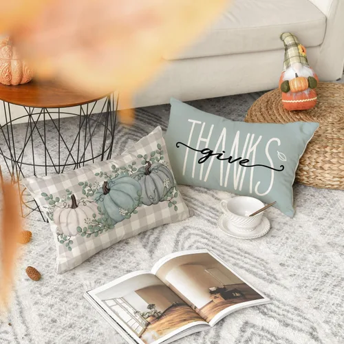 Vista 2 de AVOIN colorlife Hello Pumpkin Give Thank - Juego de 4 fundas de almohada de 12 x 20 pulgadas, otoño, Acción de Gracias, hojas de eucalipto