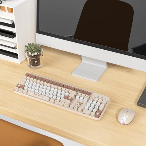 Vista 8 de Combo de teclado y mouse inalámbricos, bonito teclado de máquina de escribir con teclado numérico, teclado de tamaño completo de 2.4 GHz para PC