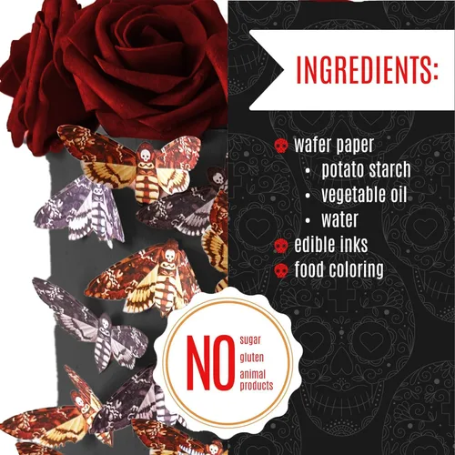 Vista 5 de Juego surtido de 24 polillas comestibles de cabeza de muerte pequeña – Obleas para pasteles y cupcakes – polillas comestibles para decoración