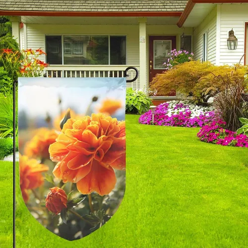 Vista 7 de Banderas de jardín para exteriores, flores de caléndula, flores de otoño, bandera de jardín de 12 x 18 pulgadas, bandera de bienvenida de temporada