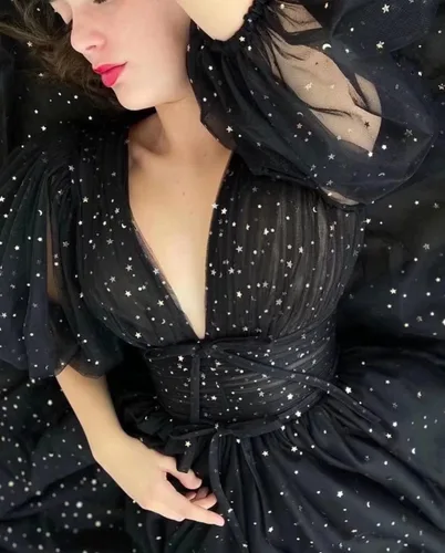 Vista 3 de Vestidos de fiesta de tul estrellado brillante para mujer, vestidos de noche con mangas abombadas, vestido de fiesta formal con bolsillos