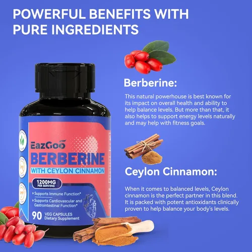 Vista 5 de Suplemento de berberina prémium de 1200 mg con canela de Ceilán, 90 cápsulas veganas, suplemento de berberina HCL sin gluten, apoyo inmunológico