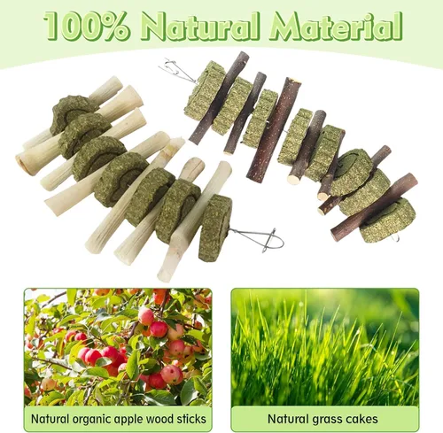 Vista 4 de Hamiledyi 4 juguetes masticables de conejo, juguetes para moler dientes, palitos de frutas naturales, pasteles de hierba Timothy orgánicos, juguetes
