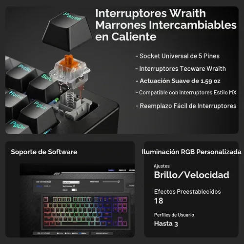 Vista 5 de TECWARE Phantom+ Elite Teclado mecánico RGB de 87 teclas para juegos 3 modos Bluetooth inalámbrico 5.0, 2.4 GHz y USB-C con cable 5 pines