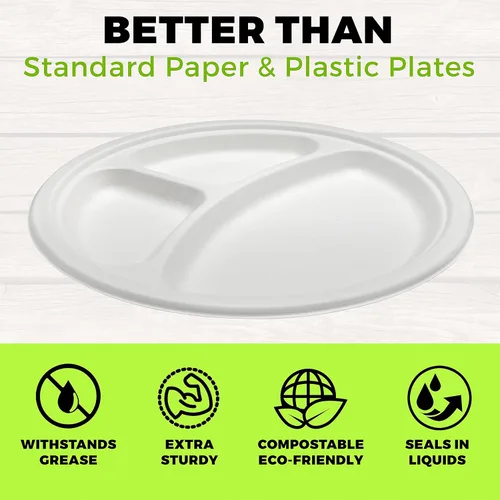 Vista 2 de NYHI Platos de compartimento resistentes, platos divididos desechables de 9 pulgadas con 3 compartimentos para adultos y niños, platos de papel