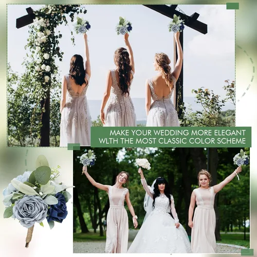 Vista 5 de Ramo de dama de honor artificial para boda, ramo de flores de seda prefabricadas de 7 pulgadas, ramo de flores pequeñas para dama de honor