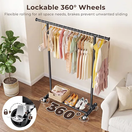Vista 5 de Perchero para colgar ropa, 45 pulgadas de ancho, perchero de metal con ruedas, perchero portátil para dormitorio, lavandería, color negro