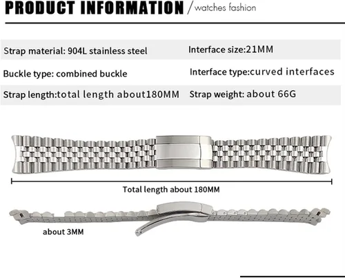 Vista 5 de JWTPRO Correa de reloj de acero inoxidable macizo 904L de 0.827in, apta para correa Rolex de 1.614in, Oyster Perpetual Datejust plateado