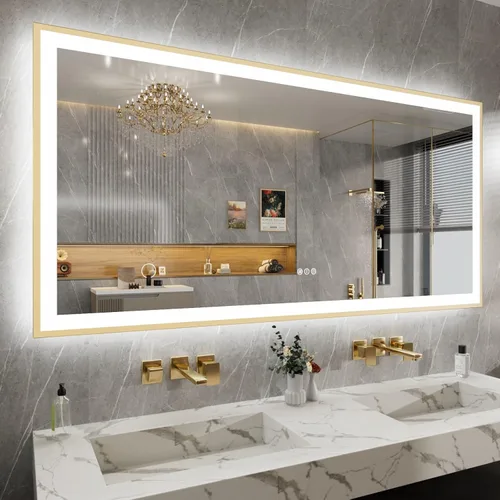 Vista 33 de Espejo de baño LED de 24x28 pulgadas con marco negro, espejos de baño retroiluminados y con luz frontal para pared, antiempañamiento, regulable