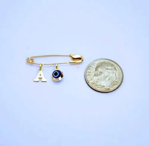 Vista 6 de 14k. Yellow Gold Baby Safety Pin Evil Eye & Initial Charms/Christening/Baptism/NOT Gold Filled NOT Gold Plated