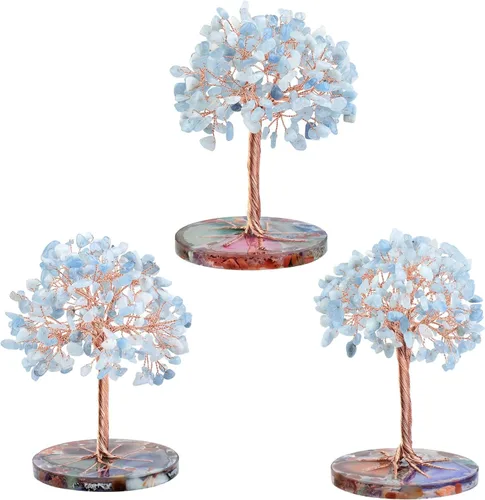 Vista 4 de Nupuyai Árbol de dinero de piedra de cristal aguamarina envuelto en rodajas redondas de ágata orgónica, árbol de la vida, bonsái de Feng Shui