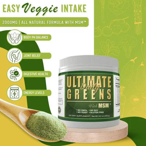 Vista 3 de Daily Health, Ultimate Greens con MSM en polvo, ingredientes naturales veganos sin gluten, soja, sin OMG, superalimento, bebida nutricional vegetal