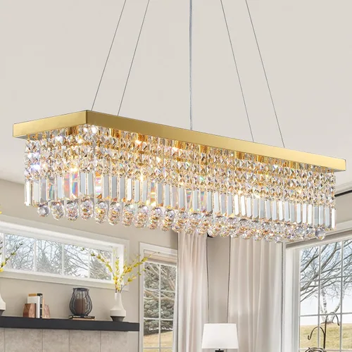Vista 16 de Candelabros Modernos de Cristal para Lámpara de Comedor, Candelabro de Techo Rectangular Dorado de 6 Luces para Isla de Cocina y Sala de Estar