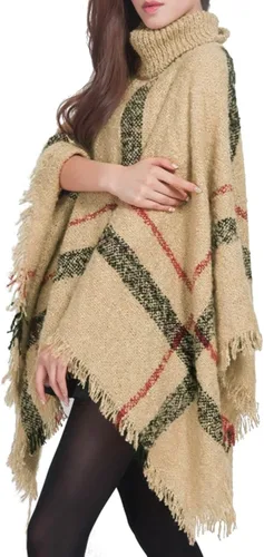 Vista 3 de Dahlia Poncho de punto para mujer, capa gruesa de cuello alto a cuadros