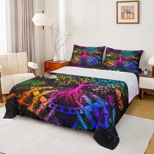 Vista 24 de Erosebridal Juego de sábanas tamaño individual con estampado de luna, diseño de flores de loto, color morado degradado, juego de sábanas orientales