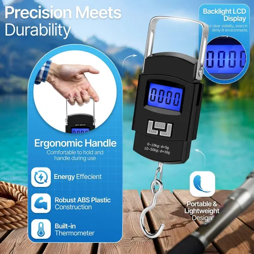 Vista 4 de Flexzion Báscula digital para colgar – Báscula portátil de equipaje de 110 lb/50 kg y báscula de pescado con retroiluminación electrónica LCD
