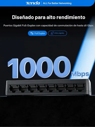 Vista 3 de Tenda 8 puertos Gigabit Ethernet Switch, escritorio Ethernet Splitter Plug Gris