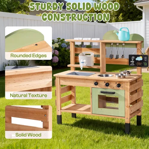 Vista 4 de ROBUD Cocina de barro para niños al aire libre, cocina de barro de madera para niños con fregadero extraíble, taza de plantación, horno, pizarra