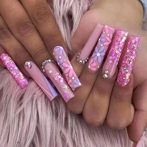 Vista 11 de Uñas postizas a presión de longitud cuadrada larga, cobertura completa, reutilizables, uñas postizas de bailarina, uñas adhesivas con diseños