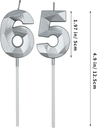 Vista 2 de Velas de cumpleaños de 65 y 56 para pastel, número plateado 65 56 3D con forma de diamante, decoración de cumpleaños, suministros de fiesta